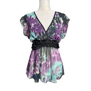 Papaya Sheer Babydoll Top Purple Black Teal Abstract Print Satin Waist Boho Y2K